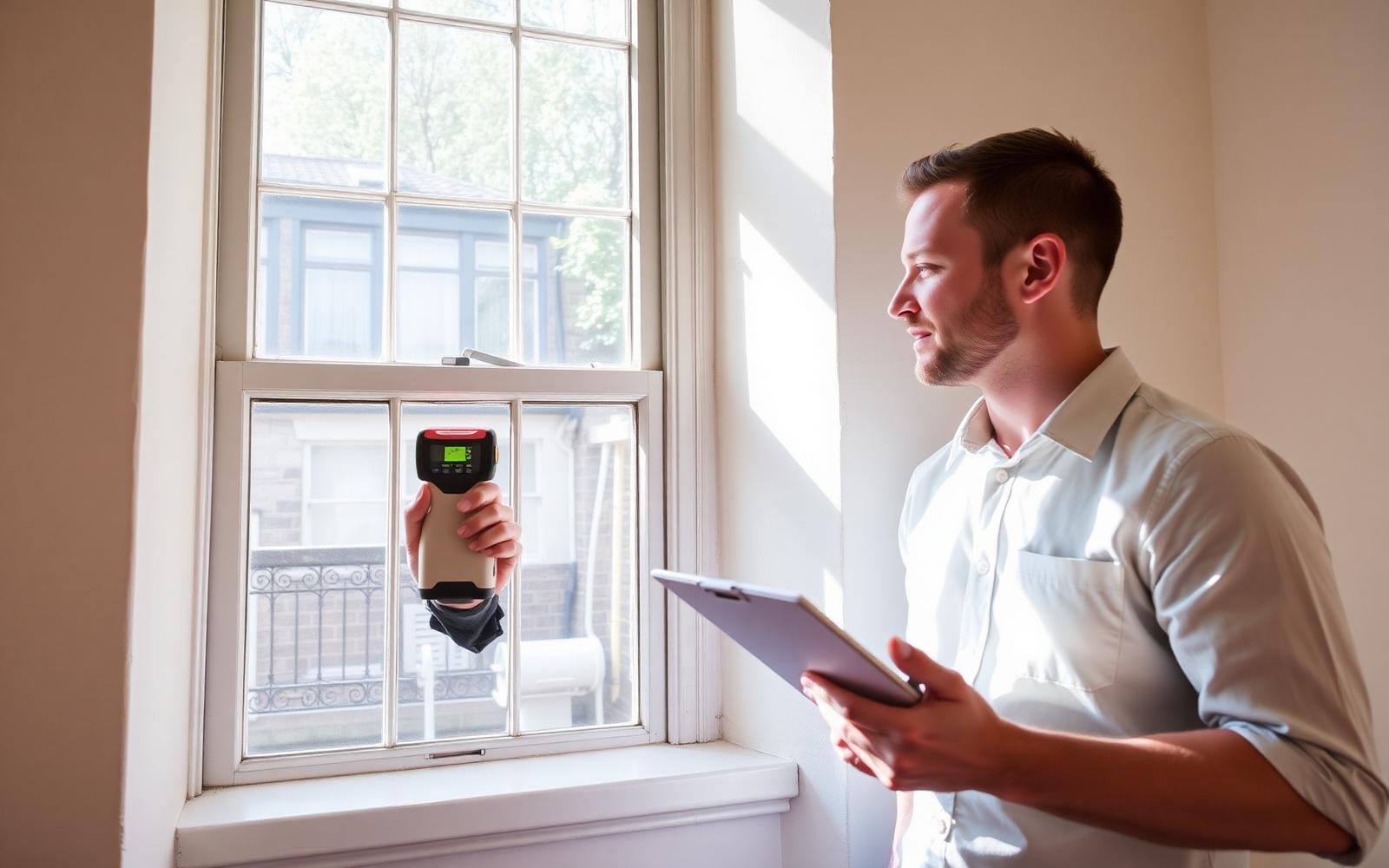Domestic energy assessor measuring a sash window in a period Edinburgh flat